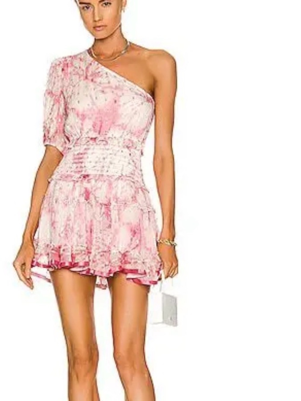 Rococo Sand One-Shoulder Pink Floral Ruffle Mini Dress